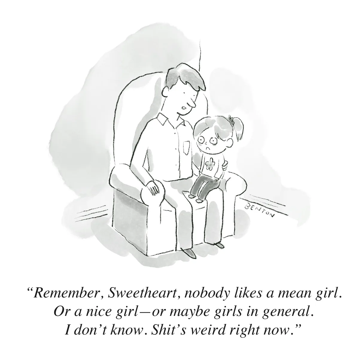 A black-and-white cartoon shows an adult male sitting in a chair with a young girl on his lap. The adult is speaking to the…