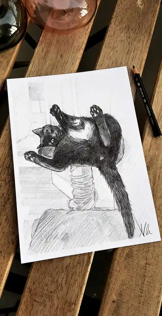 A pencil sketch of a black and white cat stretching dramatically on a rope scratching post, placed on a wooden table next to…