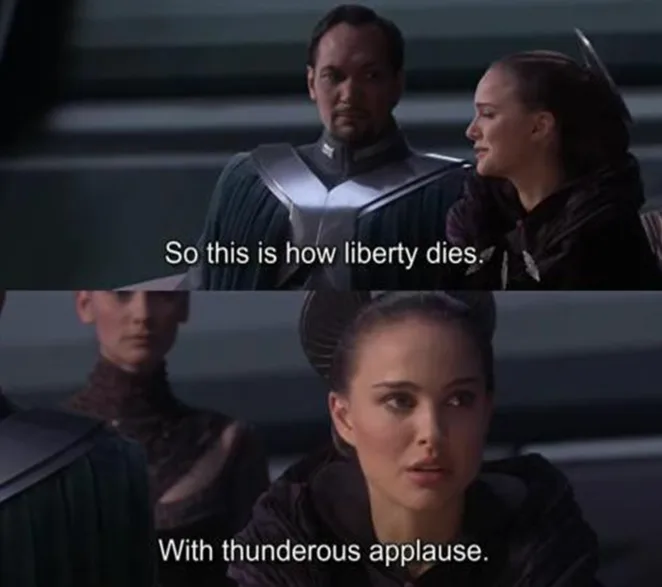 Two-panel meme from Star Wars: The Force Awakens. Top panel shows a man and woman in dark uniforms looking at each other…