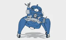 Six panels show a blue robot in various poses, starting with a crouched stance, then standing upright, then crouching again…