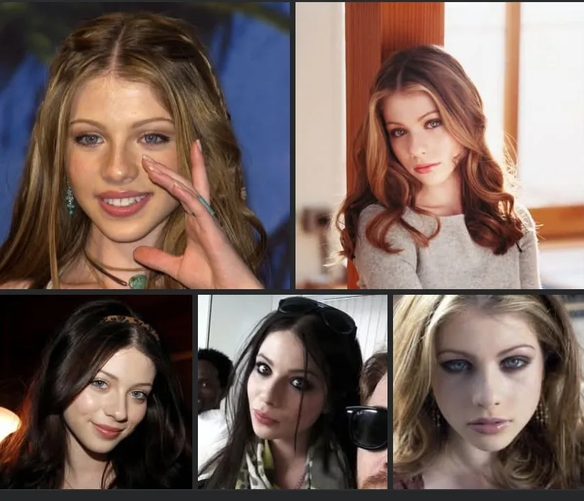 A five-panel collage showing five different photos of actress Mikaela Hoover, each depicting her with varying hairstyles…