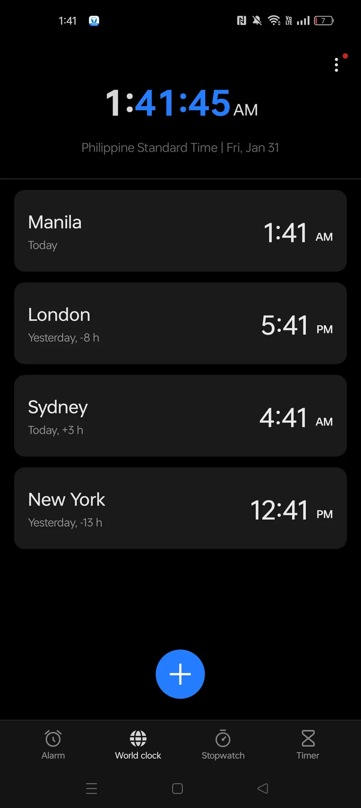 A smartphone world clock app displays the time in Manila, London, Sydney, and New York, with the main clock showing 1:41:45…