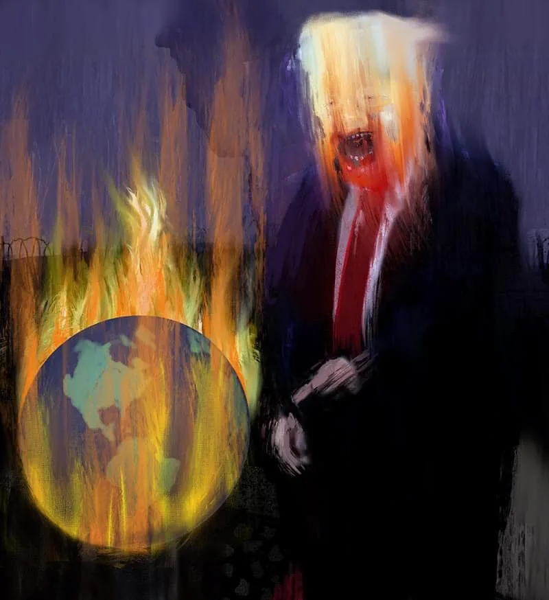 A distorted, painterly image shows a figure resembling Donald Trump with a screaming, blurred face and a red tie, standing…