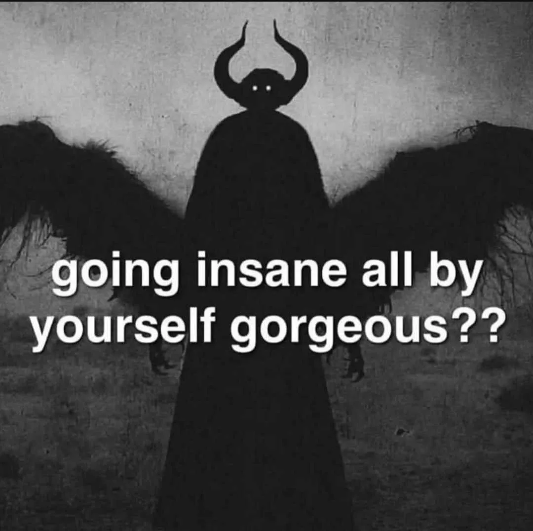 A black-and-white image shows a menacing silhouette of a horned, winged demon-like figure standing in a desolate landscape…