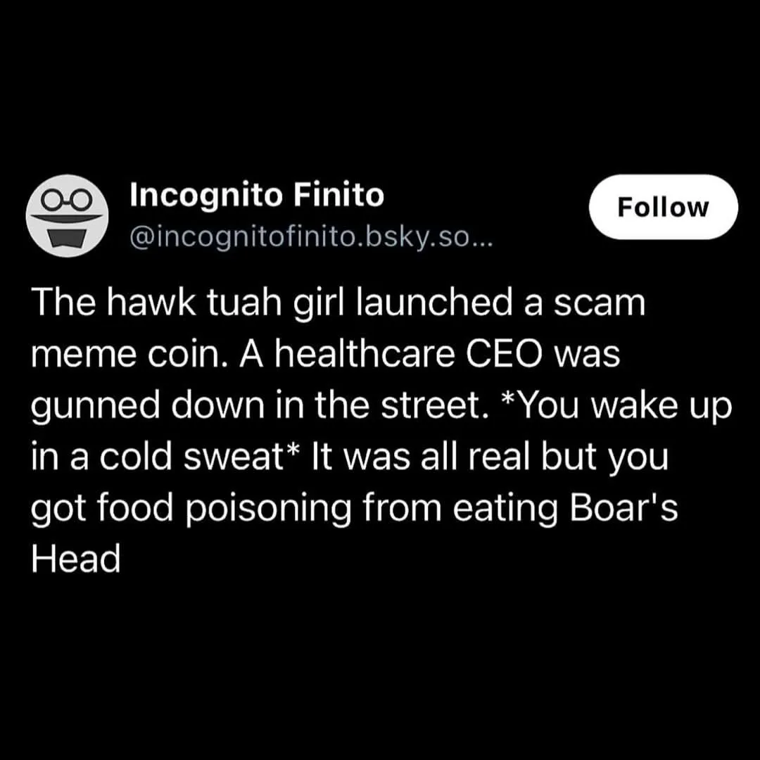 A black-background image mimicking a social media post from 'Incognito Finito' with a 'Follow' button. The white text…