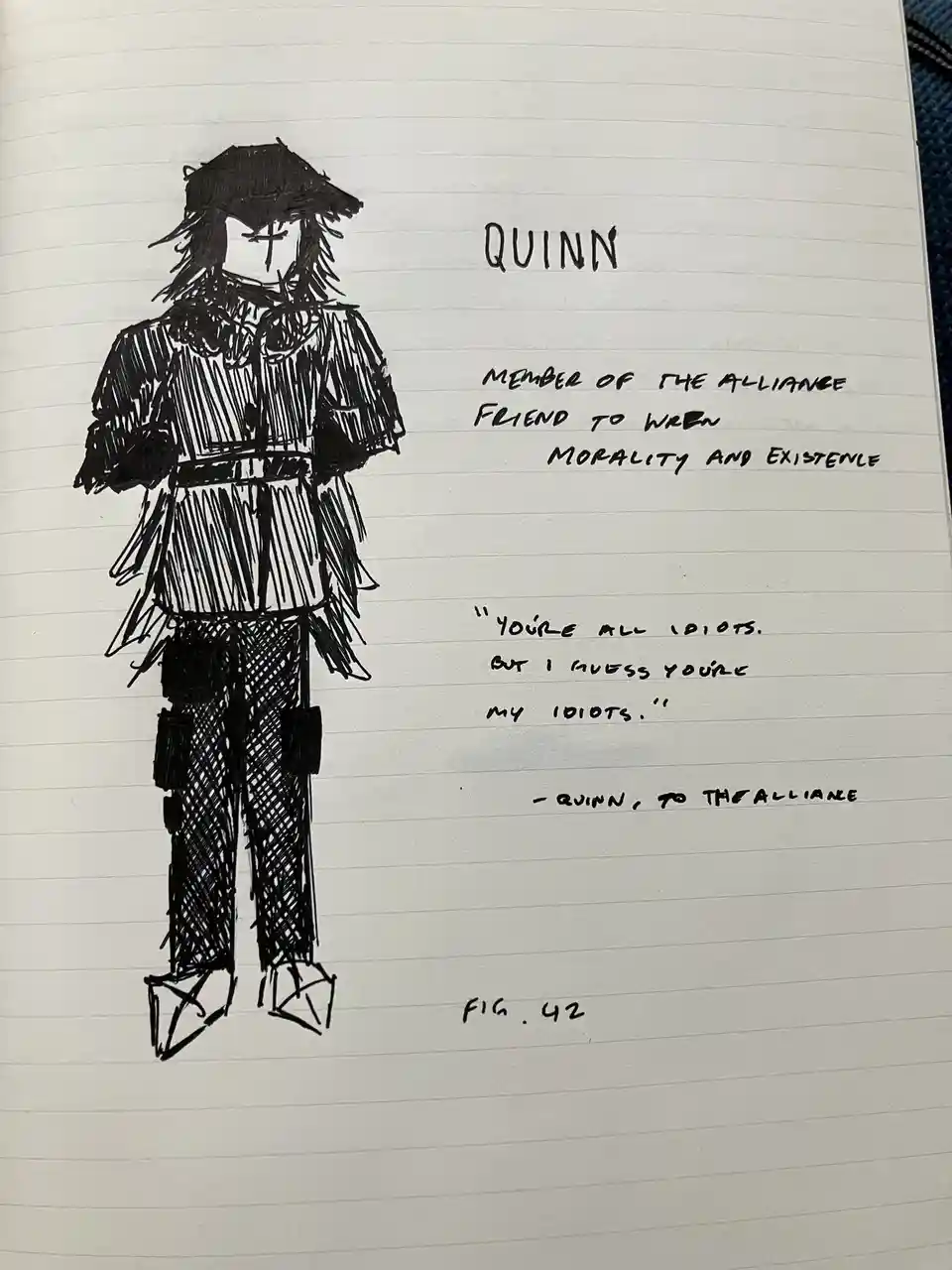 A hand-drawn, black-and-white sketch of a character named Quinn, depicted in a stylized, somewhat messy outfit with a hat…