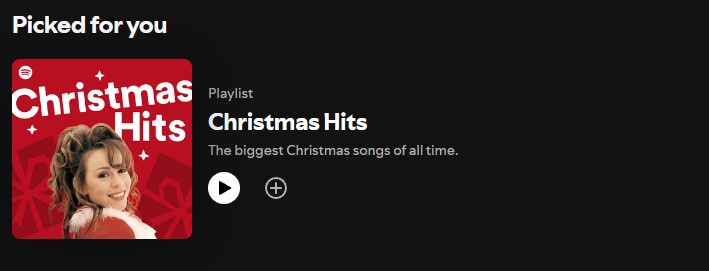 A Spotify playlist interface shows a 'Christmas Hits' playlist with a red cover featuring a smiling woman in a Santa-style…