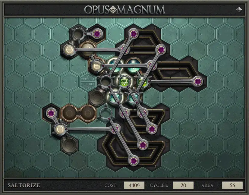 Six side-by-side screenshots from the game Opus Magnum show a puzzle solution for the 'Saltorize' challenge. Each panel…