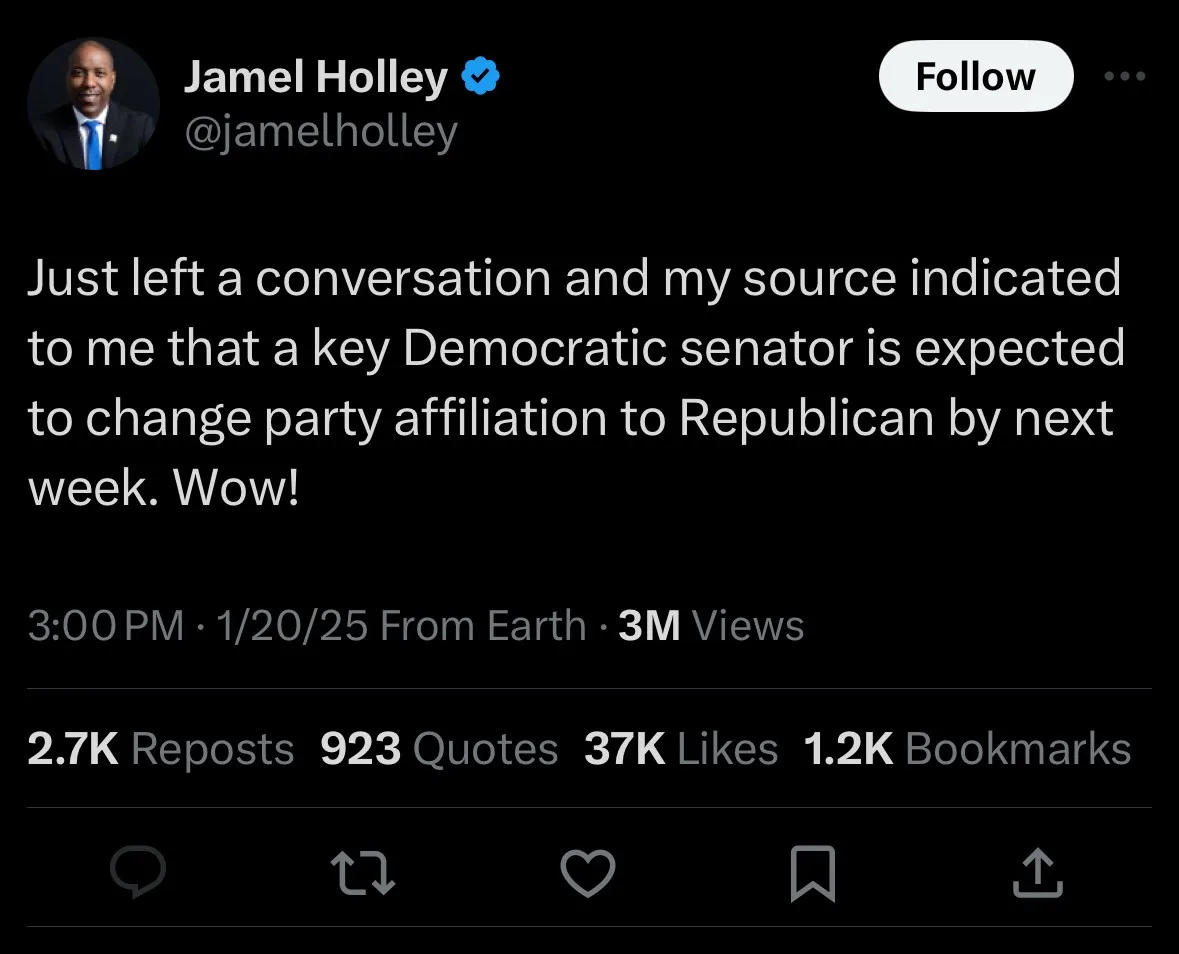 A screenshot of a tweet from verified Twitter user Jamel Holley (@jamelholley) showing his post about a key Democratic…