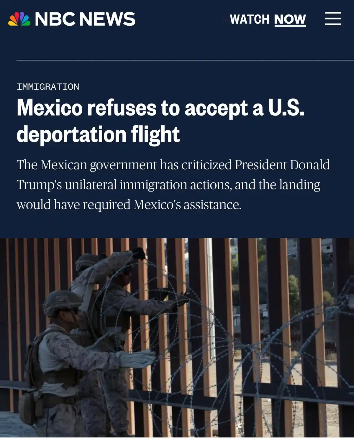 An NBC News article screenshot shows two U.S. soldiers installing barbed wire on a border fence. The headline reads 'Mexico…