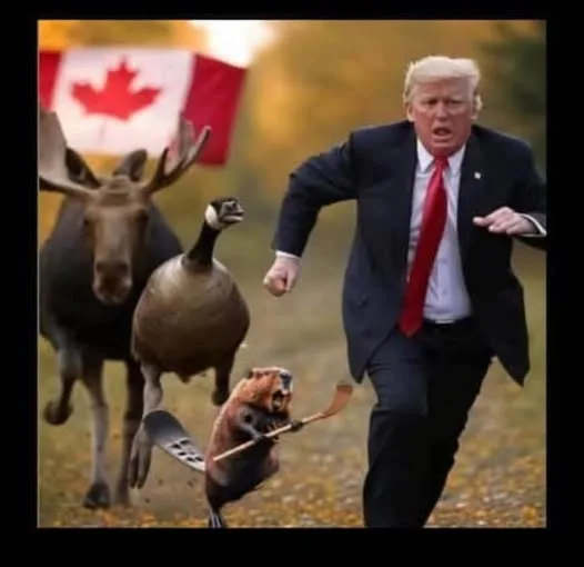 A man in a dark suit and red tie is running frantically to the right, with a moose, a goose, and a beaver holding a hockey…