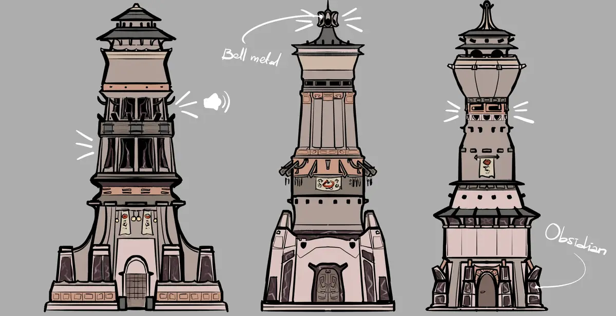 Three illustrated pagoda-style towers are shown side by side. The left tower has a speaker icon and emits sound waves…