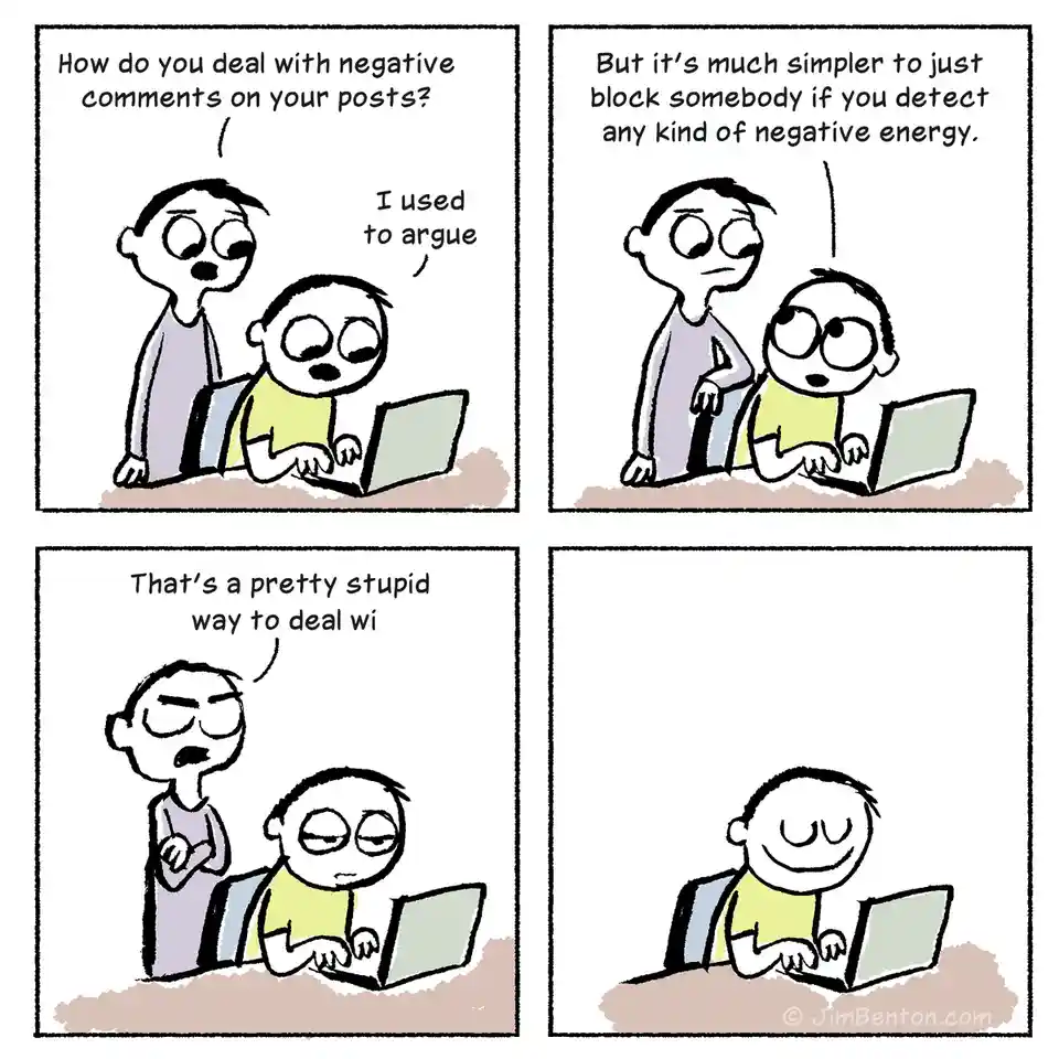 A four-panel comic shows two people discussing online negativity. The first person asks how to handle negative comments, and…