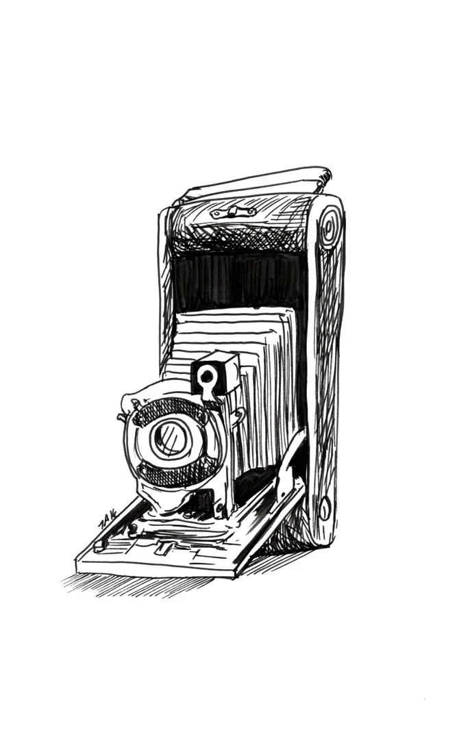 A black-and-white sketch of an old-fashioned, large-format folding camera with its bellows extended and lens facing forward…