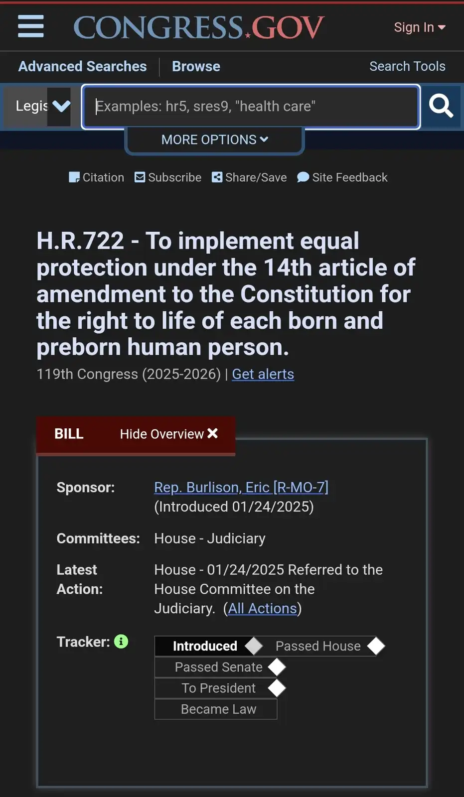 A screenshot of the congress.gov website showing bill H.R.722, which aims to implement equal protection under the 14th…