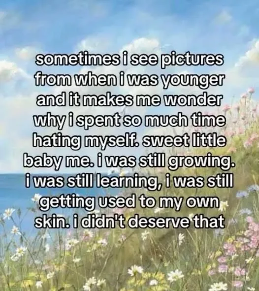 A serene image of a field of wildflowers under a blue sky with clouds, overlaid with white text expressing regret over past…