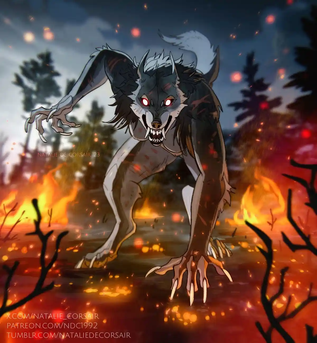 A menacing, bipedal werewolf with glowing red eyes, sharp claws, and a snarling expression stands in a fiery, burning forest…