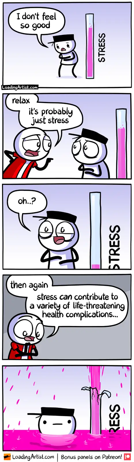 A four-panel comic shows a stressed character with a rising pink 'STRESS' gauge. A friend dismisses their concern as 'just…