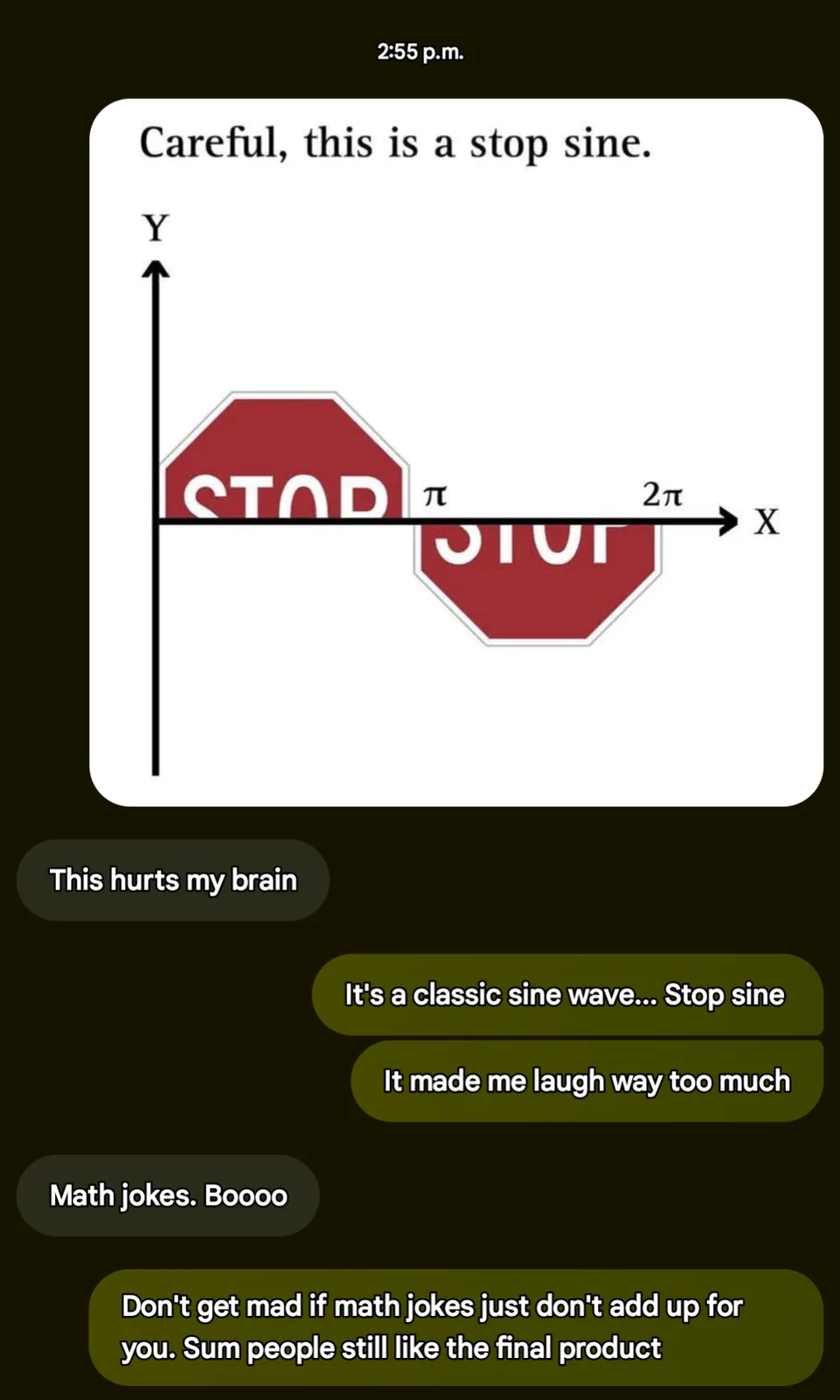 A graph with X and Y axes shows a sine wave formed by two red stop signs, one at x=π and another at x=2π, with the text…