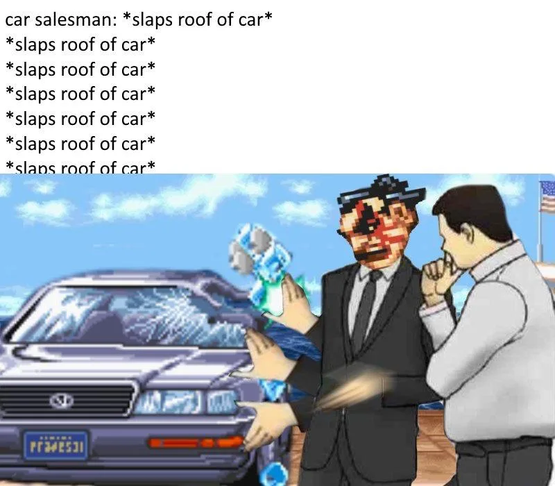 A pixelated car salesman with a distorted face slaps the roof of a blue Toyota with visible cracks, while a customer watches…
