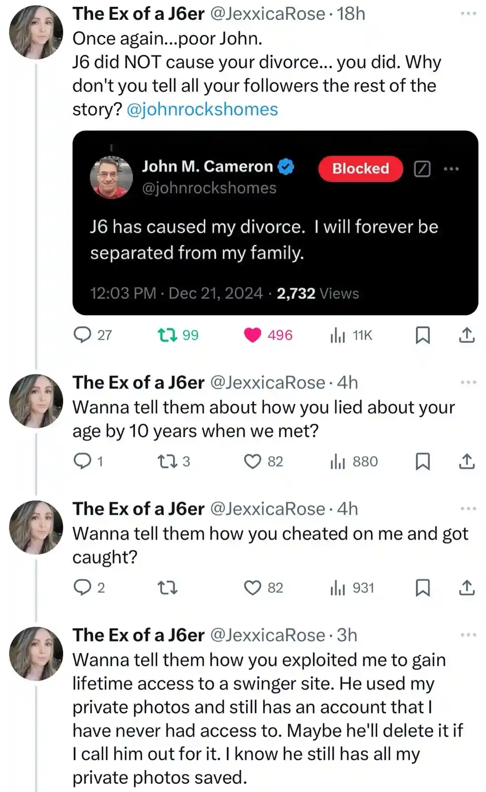 A screenshot of a Twitter thread where a user named 'The Ex of a J6er' confronts a blocked account owner, John M. Cameron…