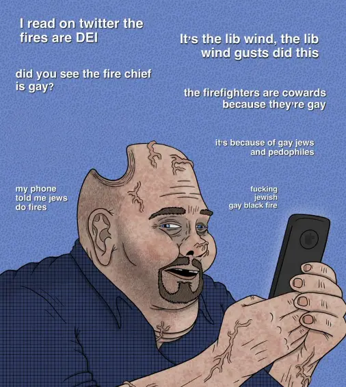 An illustrated man with a bald head and tattoos holding a phone, surrounded by text bubbles showing increasingly absurd and…