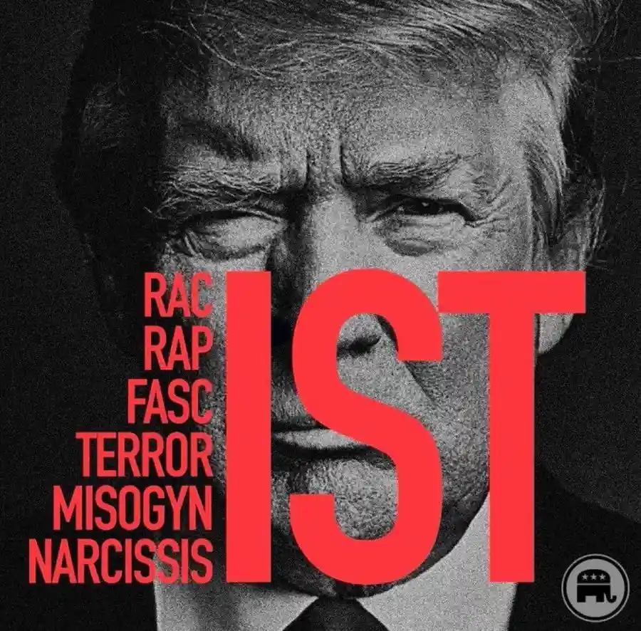 A black-and-white close-up photo of Donald Trump with a stern expression, overlaid with large red text. The word 'IST' is…