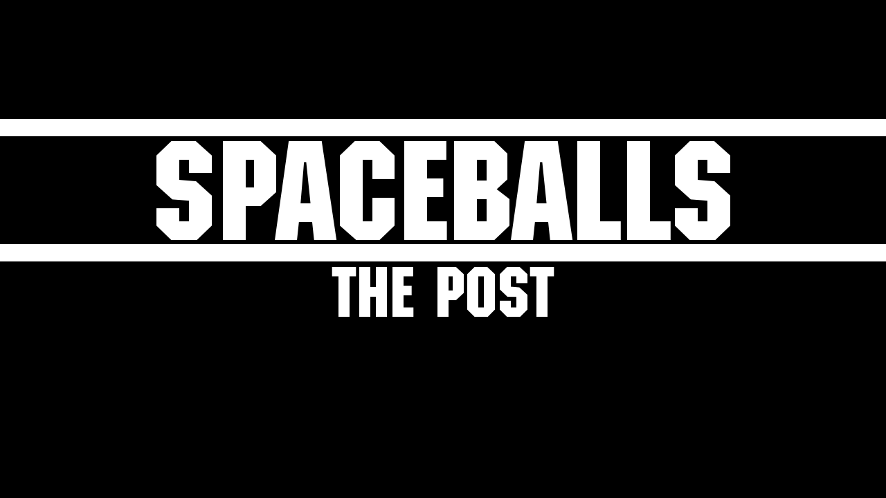 The image displays a black background with bold white text. The top line reads 'SPACEBALLS' in a stylized, blocky font…