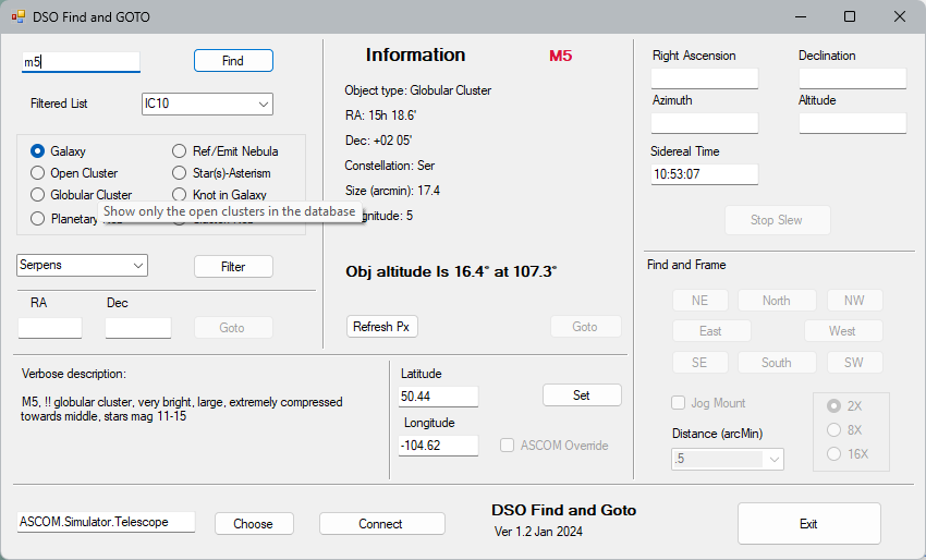 A screenshot of the 'DSO Find and GOTO' astronomy software interface showing object details for M5, a globular cluster. The…