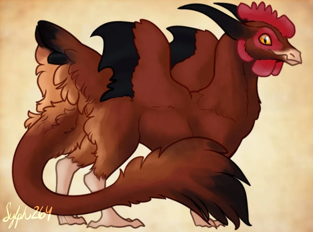 A cartoon illustration of a brown, muscular, four-legged creature with a rooster's head, red comb, and wattle, black…