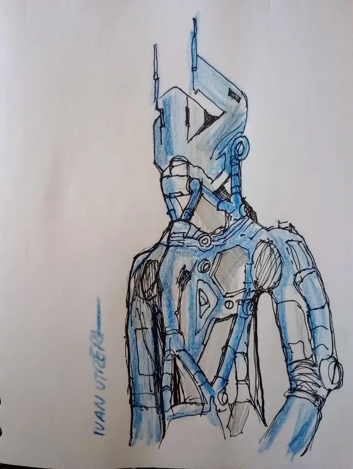 A hand-drawn sketch of a humanoid robot in blue ink on white paper, with visible mechanical joints and a helmeted head. The…
