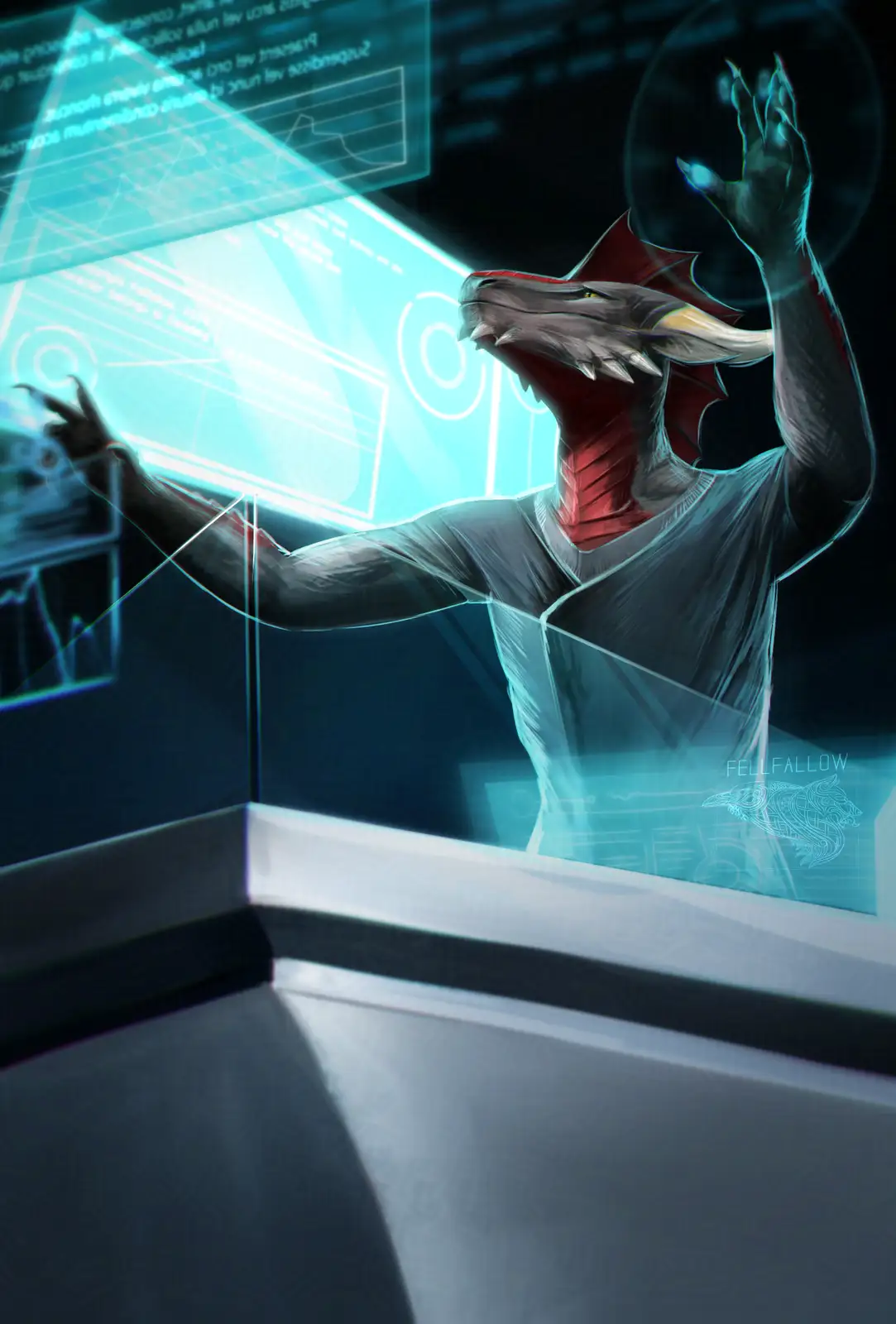 A dragon-like humanoid in a grey t-shirt is depicted in a futuristic setting, interacting with glowing blue holographic…