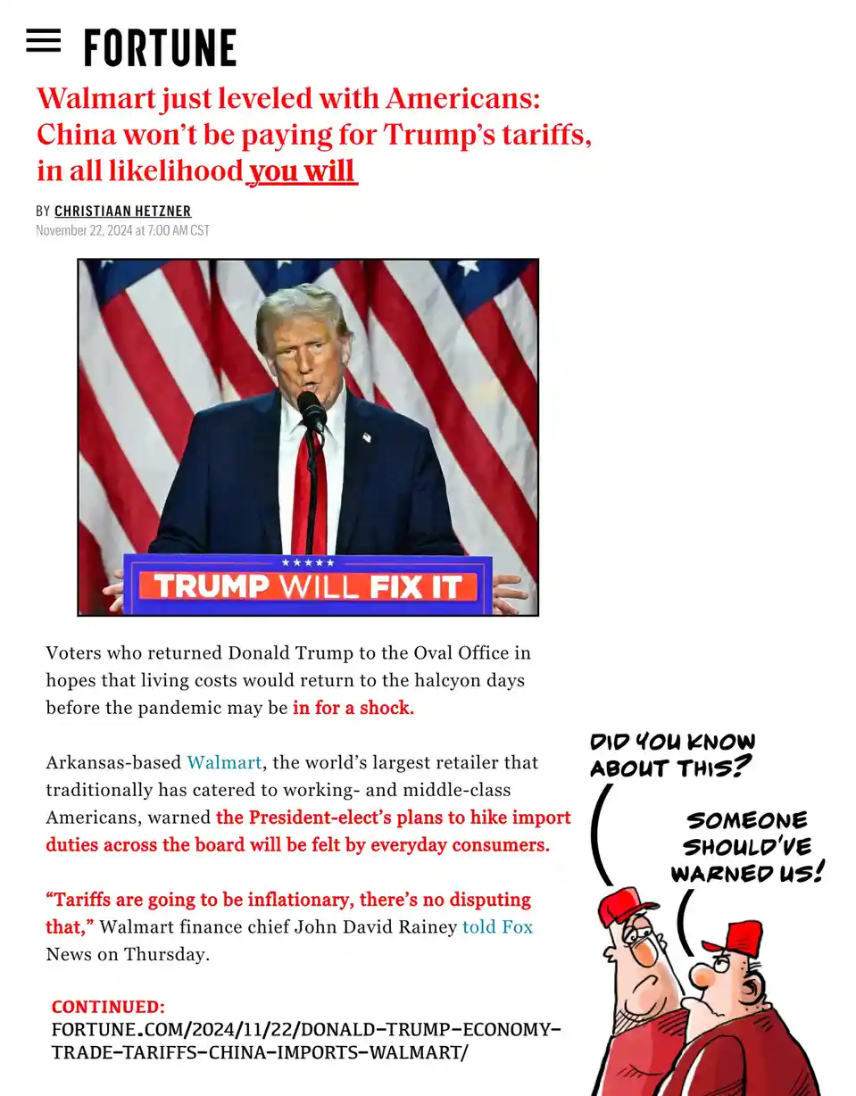 The image is a screenshot of a Fortune article about Walmart warning consumers that Trump's tariffs will likely raise…