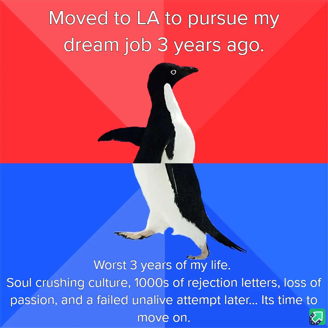 An image of an Adélie penguin standing upright against a red and blue background, with white text overlaid in two sections…