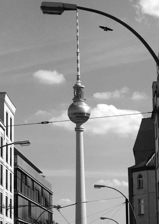 A black-and-white photo shows the Berlin TV Tower with a bird flying near its antenna. The bird is positioned as if it's…