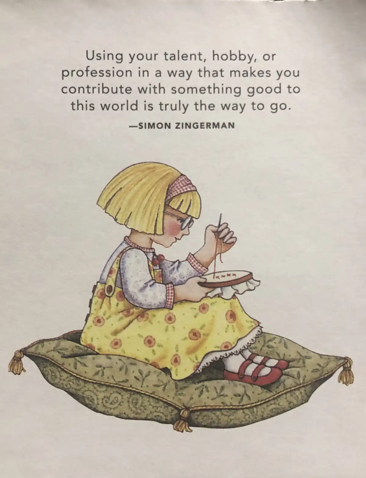 An illustration of a young girl with blonde hair and glasses, wearing a yellow floral dress and red shoes, sits cross-legged…