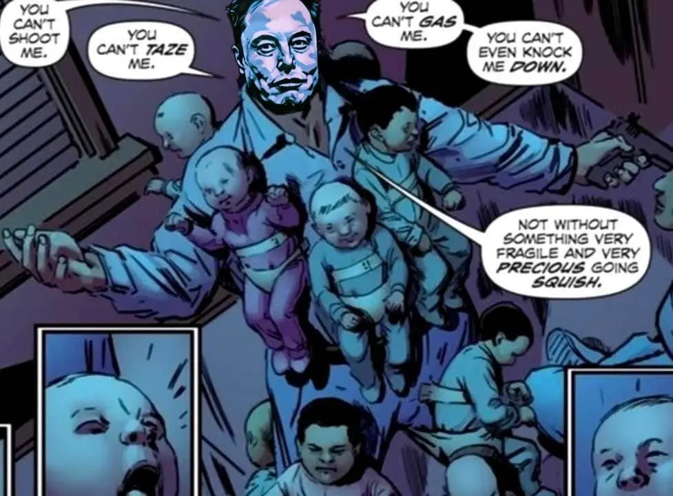 A comic panel shows a man surrounded by babies, holding a gun while declaring he can't be harmed by common force. The babies…