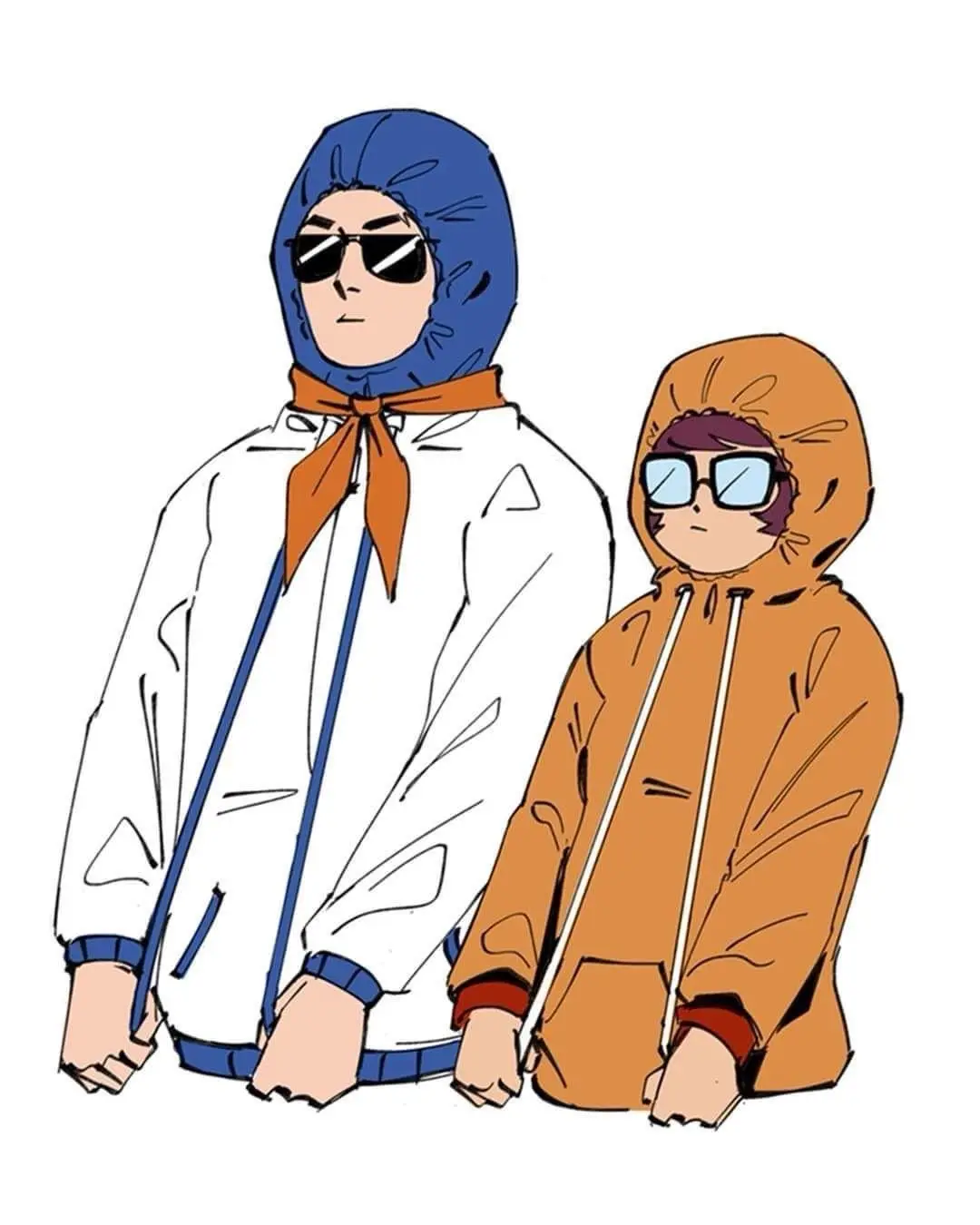 Two cartoon characters stand side by side, both wearing sunglasses and hooded jackets. The taller character on the left…