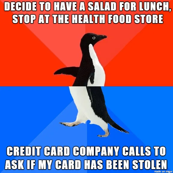 An image of a penguin split across a red and blue background, with text at the top reading 'DECIDE TO HAVE A SALAD FOR…