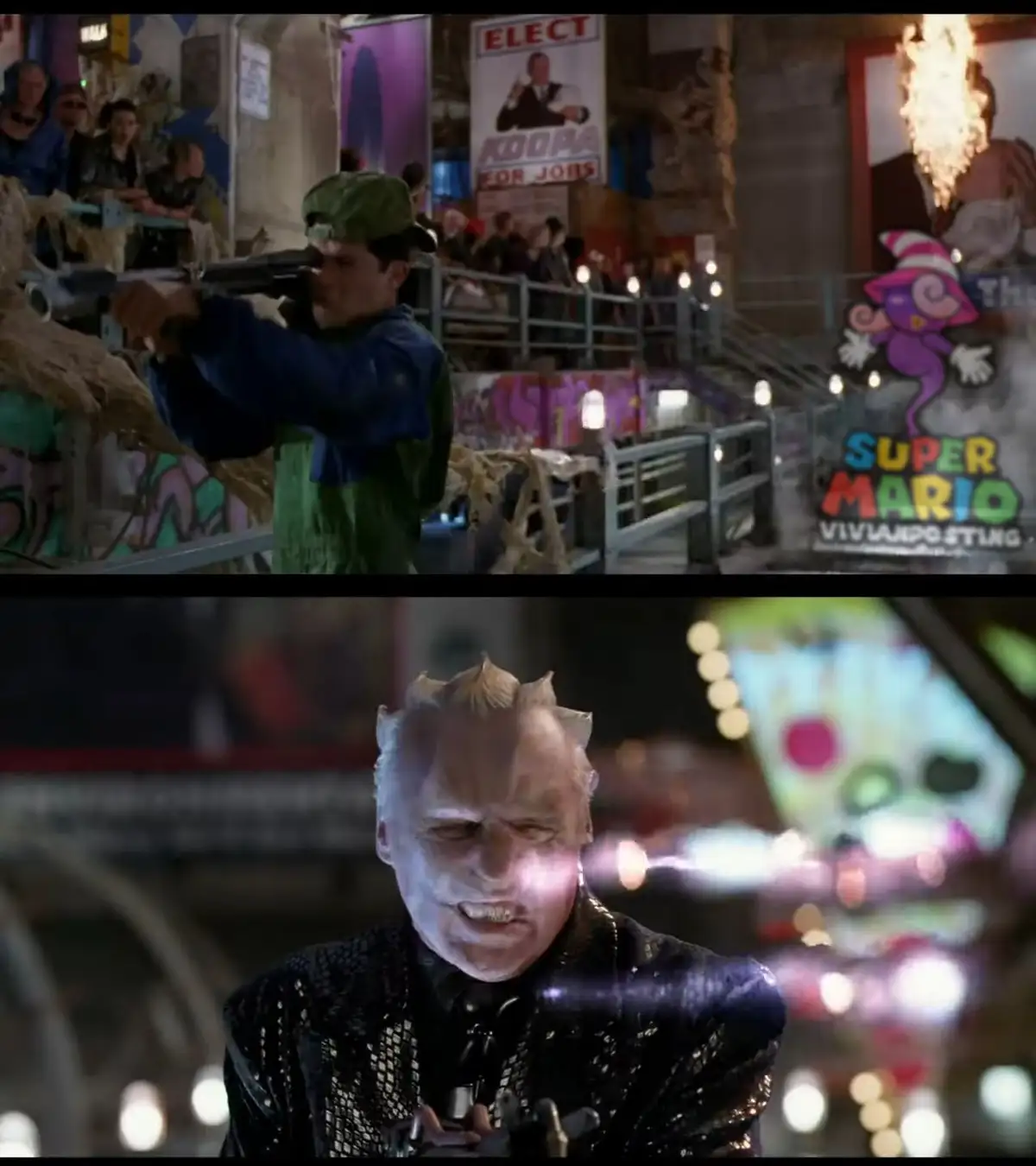 The top panel shows a young man in a green cap and blue jacket aiming a large gun at a target in a chaotic, graffiti-covered…