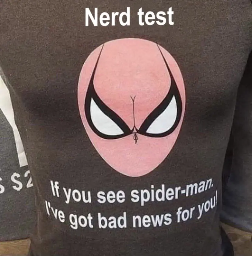 A close-up of a dark brown t-shirt featuring a pink Spider-Man mask graphic with a crudely drawn penis replacing the nose…