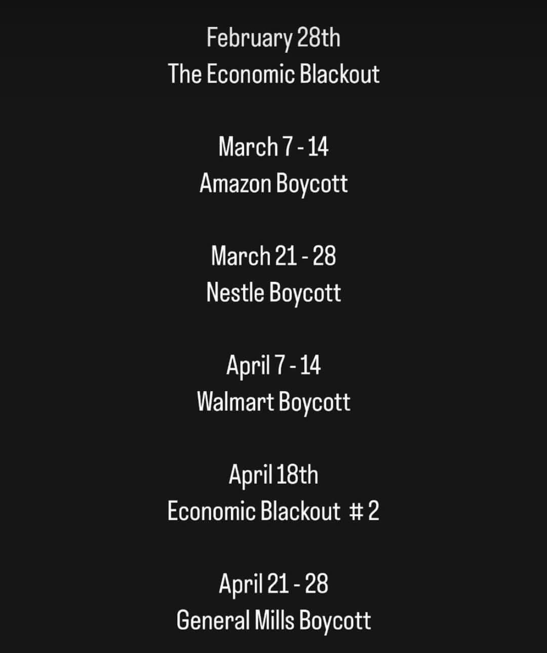 A black background with white text lists a series of scheduled boycotts and economic blackouts from February to April…
