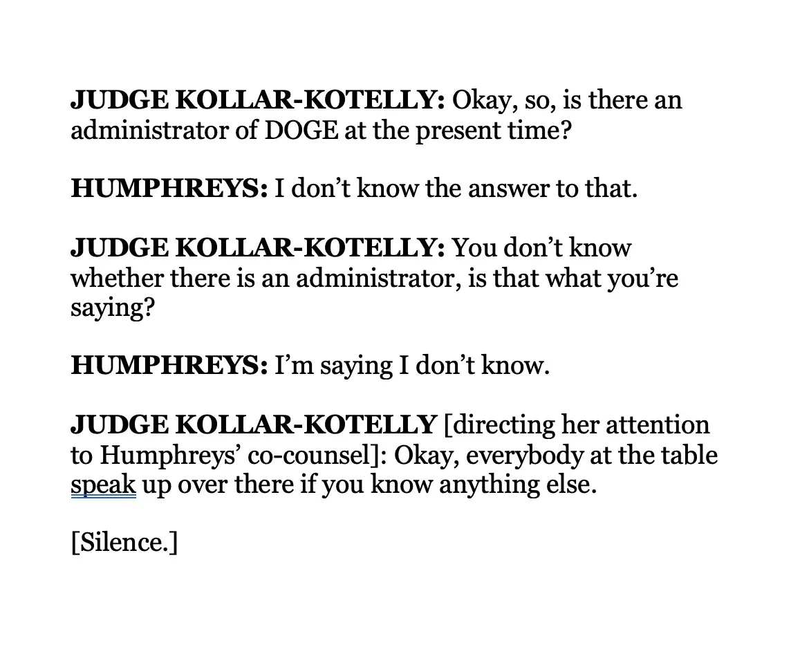 A black-and-white image displays a transcript of a courtroom exchange where Judge Kollar-Kotelly asks if there is an…
