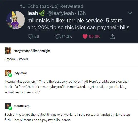A screenshot of a Twitter thread shows a tweet from 'leah' complaining about terrible service and giving a 5-star rating and…