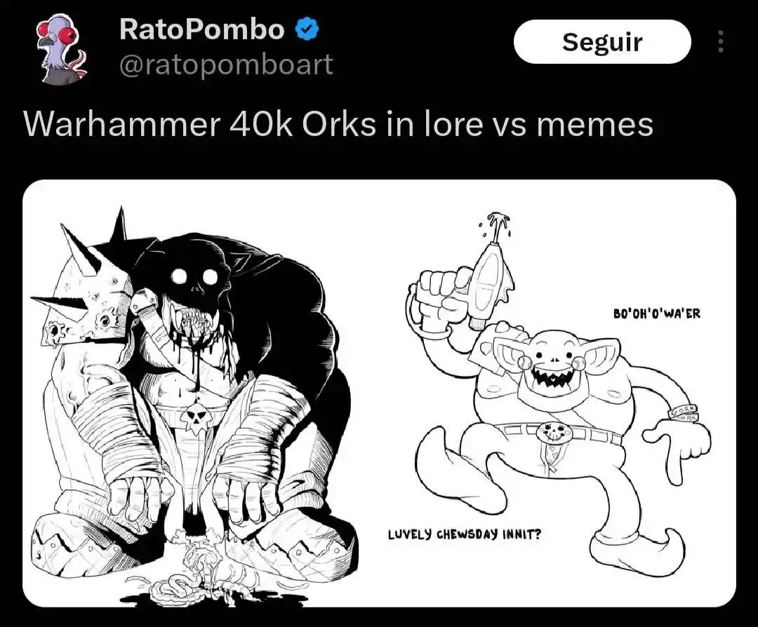A black-and-white comic-style image contrasts two depictions of Orks: on the left, a grim, heavily armored, skull-faced Ork…