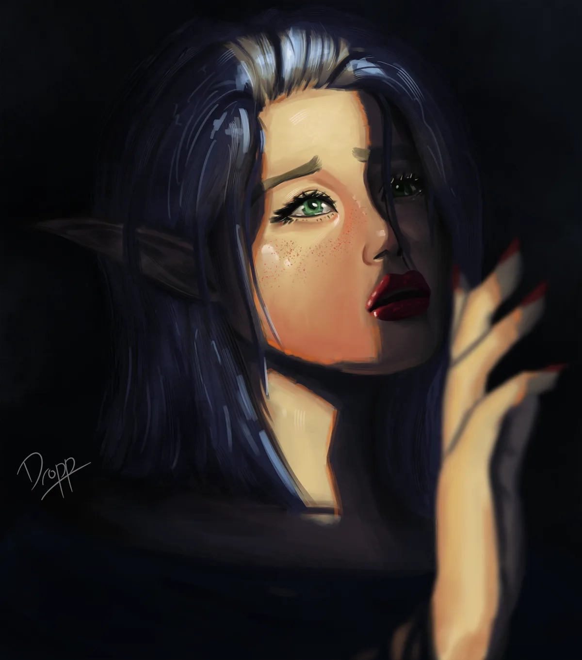 A digital painting of a dark-haired elf woman with green eyes and red lipstick, half her face illuminated while the other is…