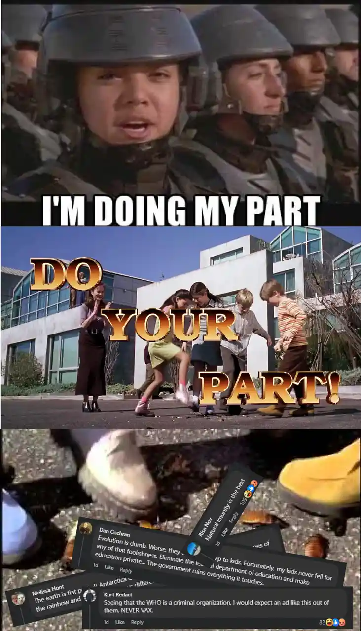 The meme is a three-panel image. The top panel shows a soldier in uniform with the text 'I'M DOING MY PART'. The middle…