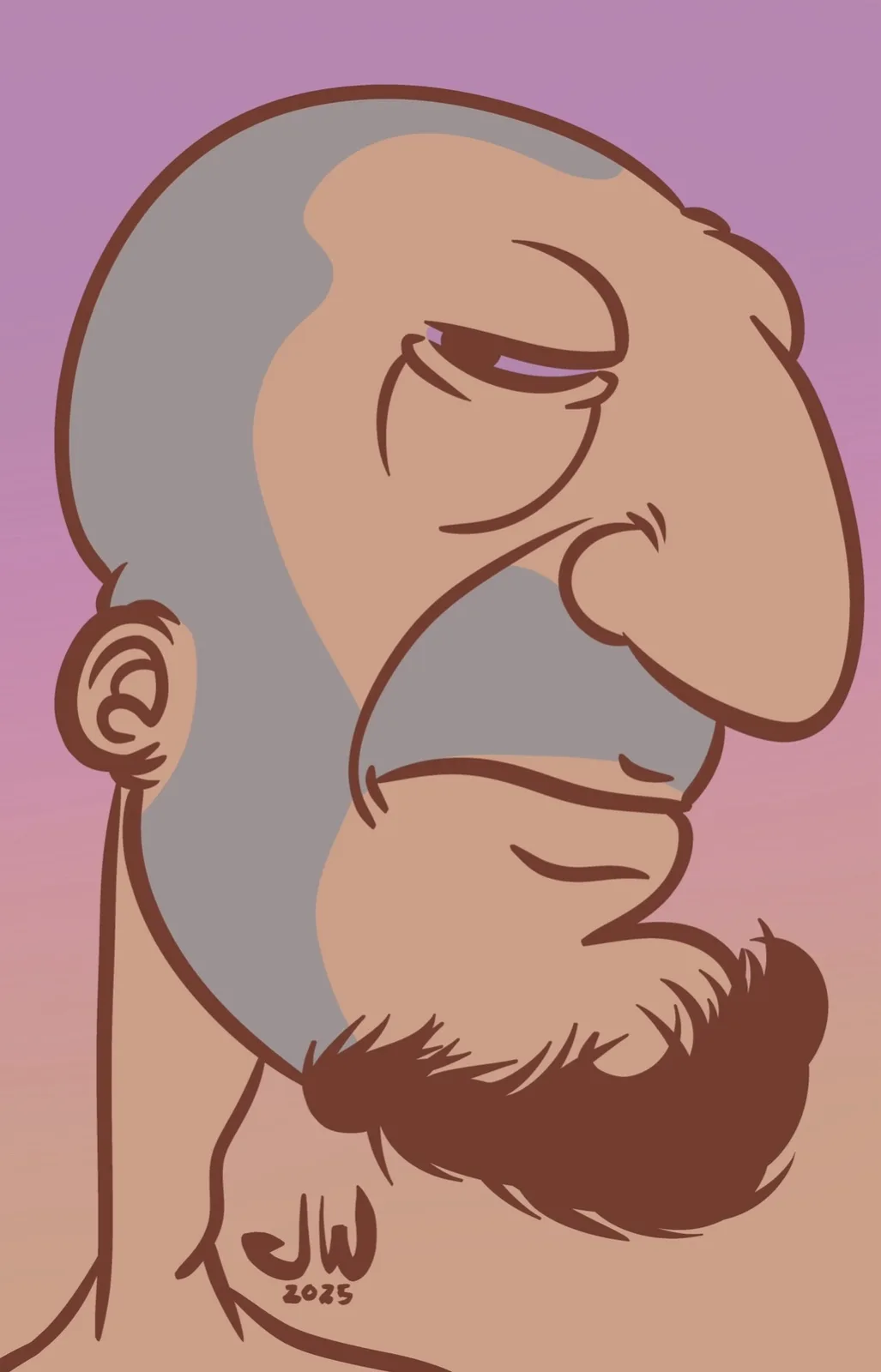 A stylized cartoon illustration of a bald man with a thick mustache, closed eyes, and a relaxed expression, set against a…
