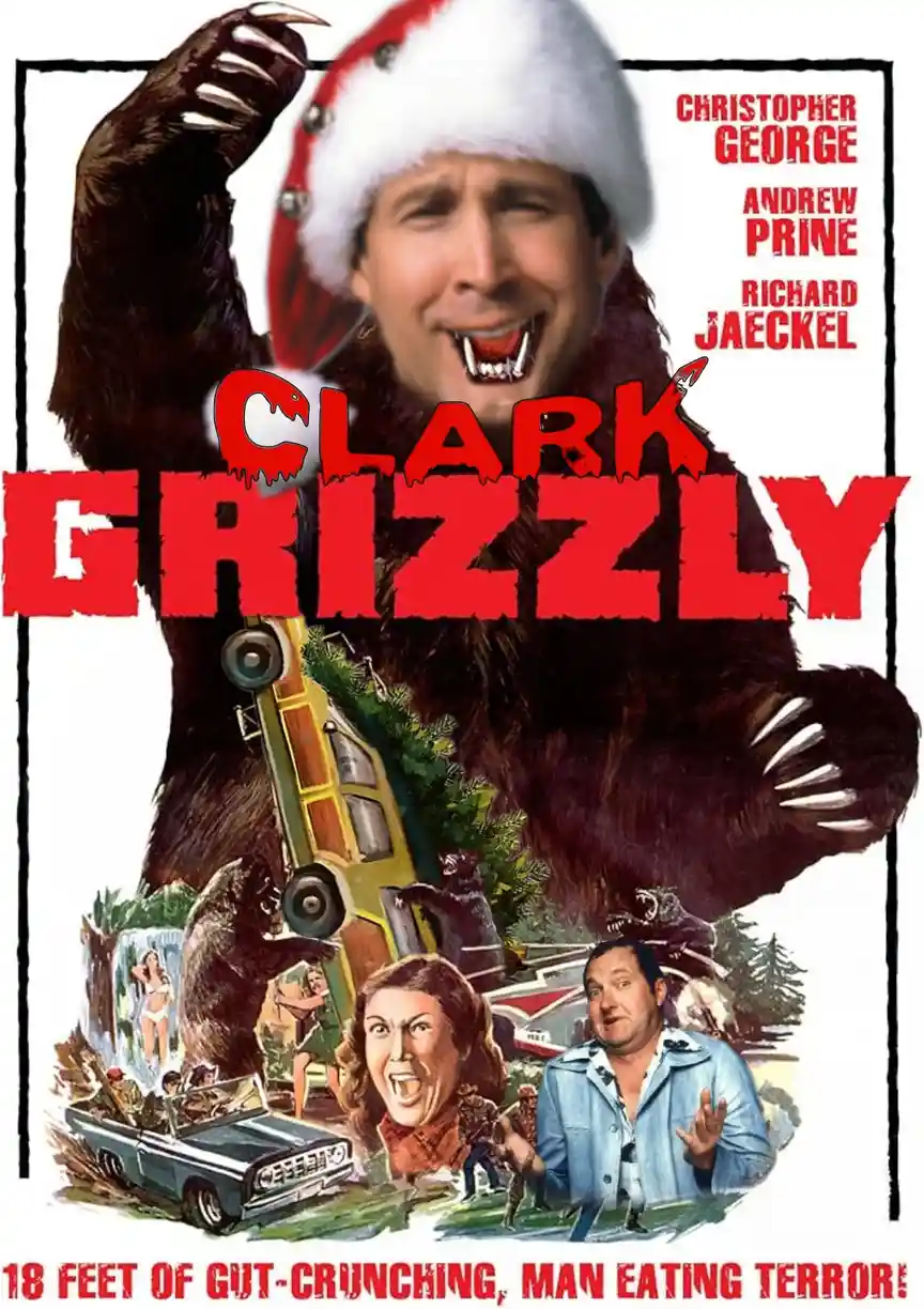 A movie poster parody featuring a large, furry creature wearing a Santa hat with a man's face superimposed, showing fangs…