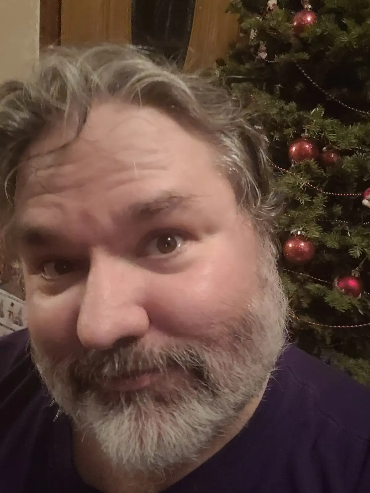 A close-up selfie of a middle-aged man with graying hair and beard, wearing a purple shirt, looking directly at the camera…